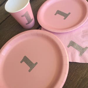 First Birthday Pastel Pink and Silver Glitter One 1 Cups,Plates and Napkins,1st Birthday Party, Princess Party, Pink & Silver party
