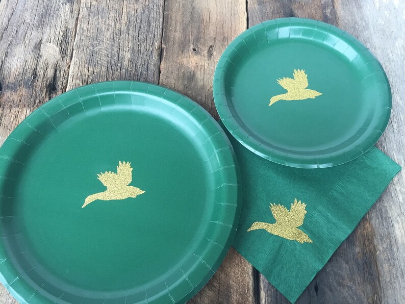 Hunter Green and Gold Duck Cups, Plates and Napkins, Grooms table, Birthday Party, Batchelor Party, Hunting Theme image 4