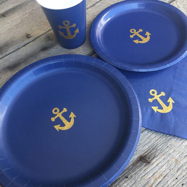 Anchor Cups, Plates and Napkins, Gold Glitter Anchor and Navy Blue Party Cups and Napkins, Ahoy Mate Birthday or Nautical Baby Shower Party