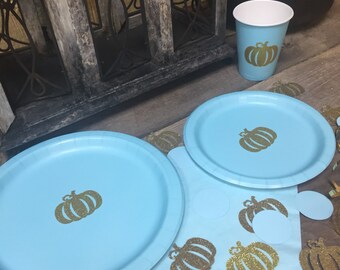 Blue & Gold Glitter Pumpkin, Pumpkin Patch Party Cups, Plates, and Napkins, Blue and Gold Birthday, Fall Baby Shower, Little Pumpkin Party