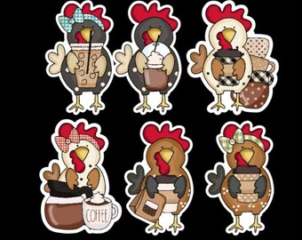 Coffee Chickens, Coffee Chicken Stickers, Chickens, Chicken Stickers, planner stickers, stickers for coffee lovers, scrapbooking stickers