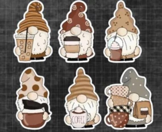 Coffee Gnome Sticker, gift idea for gnome lovers, for coffee lovers, set of 6, Planner sticker, Scrapbooking sticker, waterproof sticker