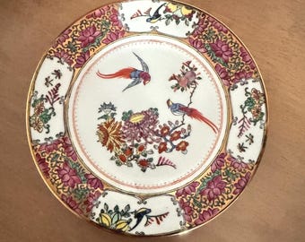 DECORATED CHINESE SAUCER, vintage Chinese porcelain famille rose style with birds and flowers decoration, collectible plate