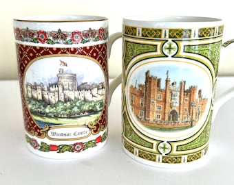 English porcelain teacups, James Sadler porcelain, collectible cups, decorations of English castles and landscapes, rare, vintage