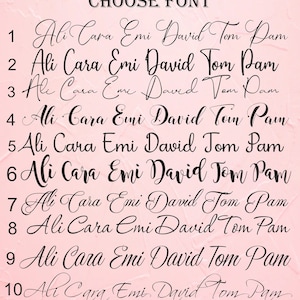 K&ouml;nnte beinhalten: Auf rosa Hintergrund werden zehn verschiedene Schreibschriftarten gezeigt. Jede Schriftart zeigt die Namen Ali, Cara, Emi, David, Tom und Pam. Der Text "CHOOSE FONT" steht oben.