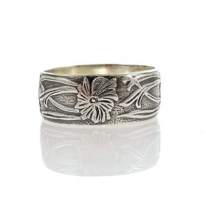 Art Nouveau Vine and Floral Pattern 8mm Band | Unisex Ring | Sterling Silver