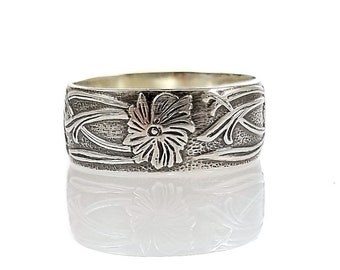 Art Nouveau Vine and Floral Pattern 8mm Band | Unisex Ring | Sterling Silver