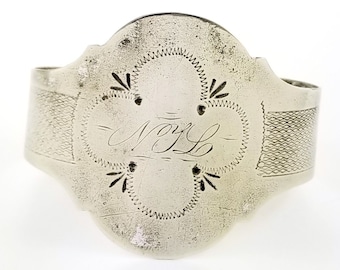 1800's Antique Coin Silver Engraved Cuff Bracelet | Victorian Silver Cuff