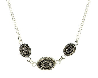 Victorian Etched Jet Glass Intaglio Necklace with Crown Bezel in Sterling Silver