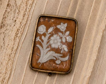 Victorian Goofus Glass Reverse Painted Flower Intaglio Brooch | Gold Filled