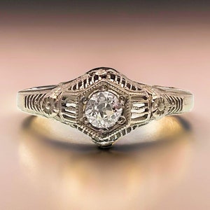 14k .29ct European Cut Diamond Filigree Engagement Ring | Antique Style | White Gold