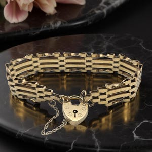 Victorian Style Gate Bracelet with Heart Lock | English Vermeil Gate Link Bracelet