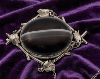Victorian Agate Mourning Brooch | Sterling Silver Woodland Eastlake Memorial Pin