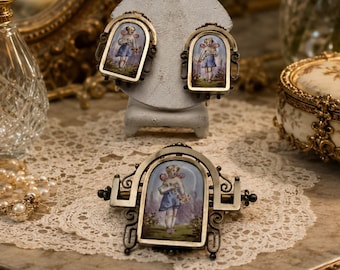 Victorian Enamel Cherub Bar Pin & Earrings | Antique 10k and Rolled-gold French Enamel Putti Set