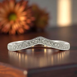 14k White Gold .13 ctw Diamond Pave&#39; Contoured Wedding Band | &#39;V&#39; Shaped Arched Diamond Band