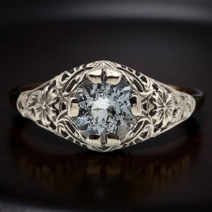 14k Art Nouveau Style Filigree Aquamarine Ring | White Gold