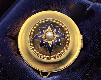 18k Victorian Blue Enamel Star Burst & Seed Pearl Brooch | Memorial Mourning Pin