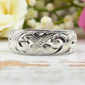 Floral & Scroll Pattern Wedding Band | Antique Style 6.2mm Stacking Band | Sterling Silver