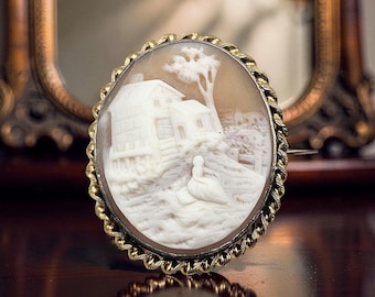 Antique Rebecca by the Well Cameo Brooch | Victorian Landscape Cameo Pin