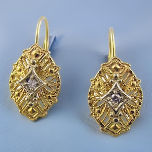 14k Two-tone Filigree Diamond Earrings | Art Deco Style Filigree Earrings