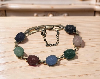 Vintage Czech Glass Egyptian Scarab Bracelet | 1950's Gold Tone