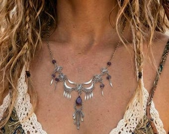 Peruvian Alpaca Silver Metal Filigree and Amethyst Boho Bib Necklace 18"