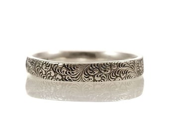 Antique Style 3.5mm Foliate Patterned Wedding Band | Stacking Band | Sterling Silver