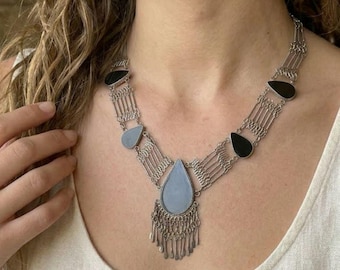 Peruvian Alpaca Silver Handmade Wire and Black Glass Boho Bib Necklace 21"