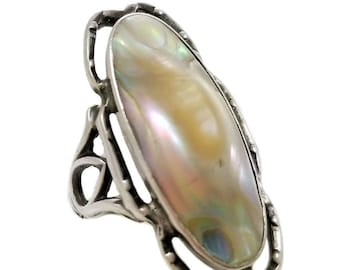 Art Nouveau Sterling Silver Filigree Blister Pearl Ring | Size 5