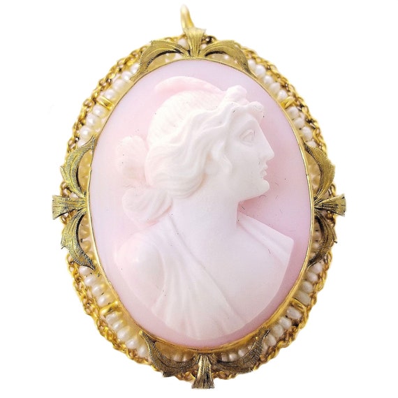 Art Deco 10k Angel Skin Pink Cameo of Goddess Cer… - image 1