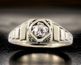 18k Art Deco .16ct old European Diamond Engagement Ring | White Gold Filigree