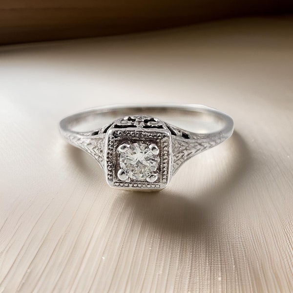 14k .15cttw Transitional Cut Diamond Engagement Ring | Antique Style | White Gold | Sz 6 1/2