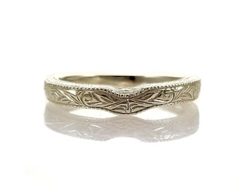 Antique Style 3mm Scroll Pattern Curved Wedding Band | Sterling Silver