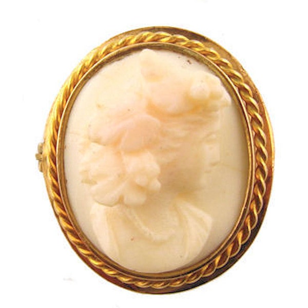 Antique 14k Angel Skin Pink Shell Cameo Brooch of Bacchantes Maiden