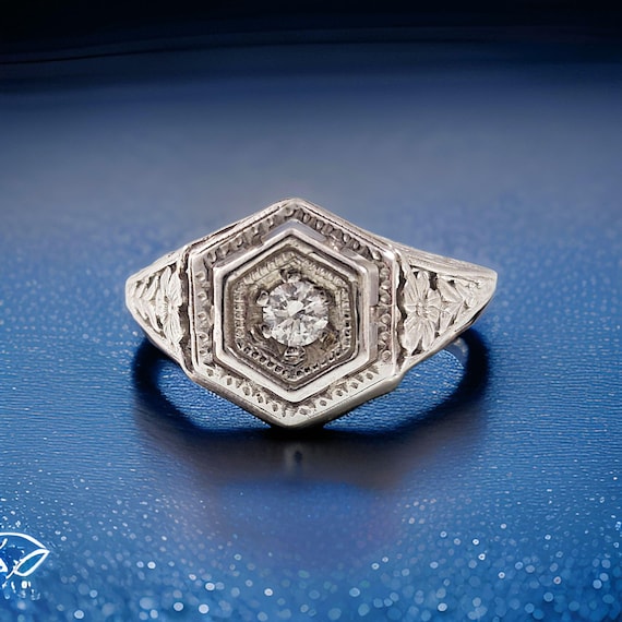 14k Filigree .18ct Cubic Zirconia Ring | Art Deco Style | White Gold