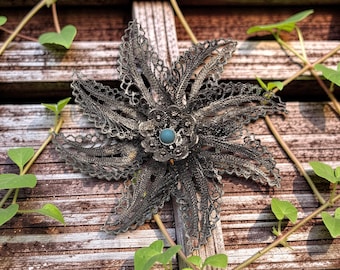 Vintage Silver Filigree Flower Brooch, 1950s Floral Pin, Traditional Portuguese Souvenir