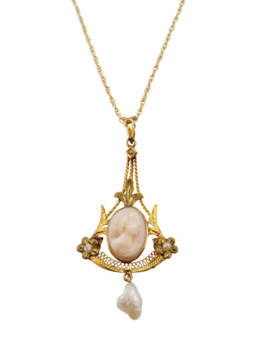 Antique 10k Tri-Gold Angel Skin Cameo & Seed Pearl
