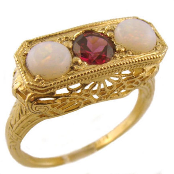 14k Art Deco Style Opal & Rhodolite Garnet Filigree Ring | Yellow Gold