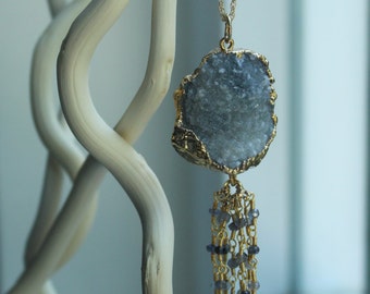 Tassel Necklace, Pendant Necklace, 14k Gold Filled , Pendant, Gold Electroplated Smokey Druzy Pendant, Labradorite Rosary Chain Tassel