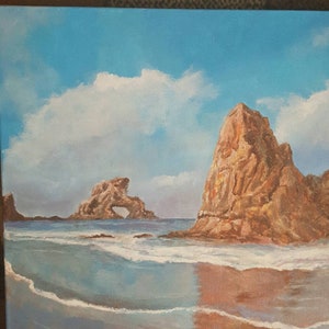 Beach Decor Coastal rocks Seascape 12 x 12 acrylic painting splashing waves Nautical Wall Art Ocean Scene Tranquil Reflections Original Work