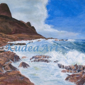 Beach Decor Coastal rocks Seascape painting, thrashing sea and splashing waves Nautical Wall Art Ocean Scene South Africa Original Work