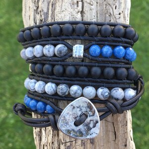 Denim blue, black and grey triple wrap bracelet