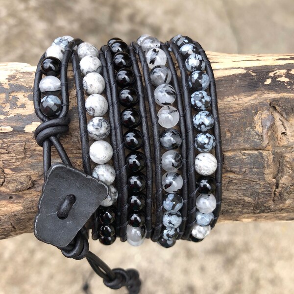 Black and gray beaded leather 4 wrap bracelet, quadruple wrap
