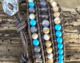 Turquoise, shell and agate leather wrap bracelet