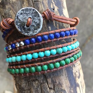Blue, green & turquoise gemstone triple wrap bracelet