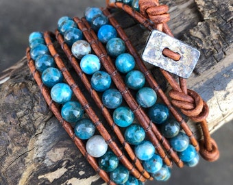 Turquoise Blue Apatite leather wrap bracelet