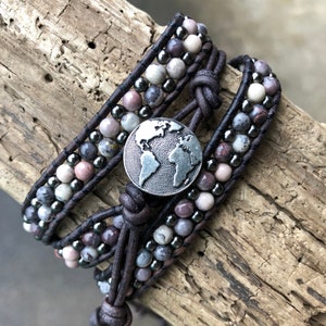 Porcelain Jasper and gunmetal grey double wrap bracelet