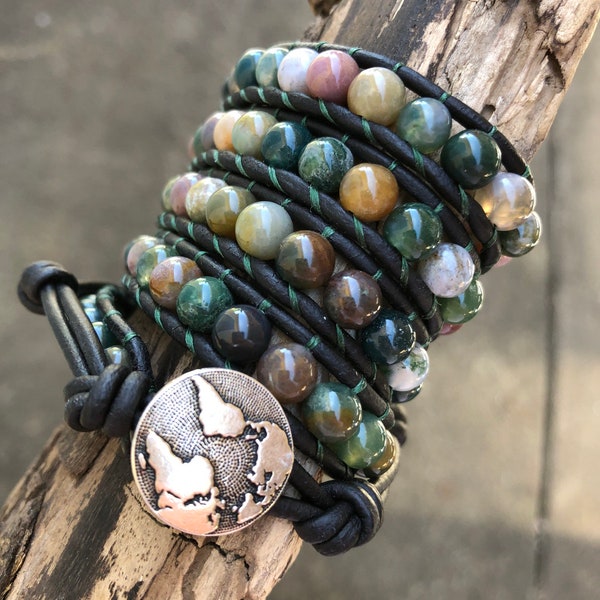 Fancy Jasper beaded leather 4 wrap bracelet, quadruple wrap, shades of green