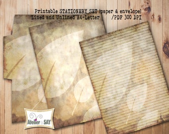 Printable journal pages/digital writing paper with leaves/printable stationery set lined and unlined paper with envelope, diy stationery