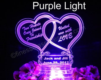 Personalized Lighted LED Double Heart Wedding Cake Topper Custom Acrylic laser engraved